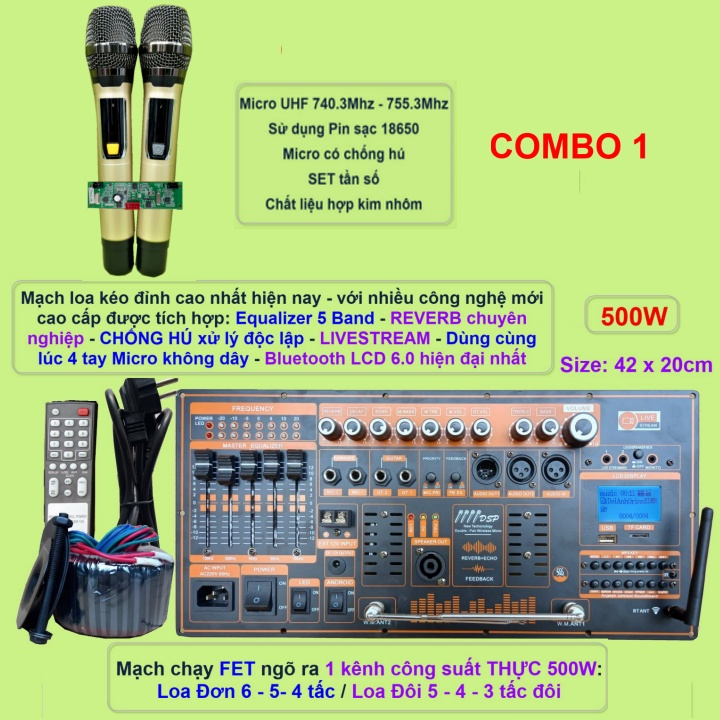 Mạch loa kéo Reverb chống hú DSP Livestream Equalizer 5 Band công suất thực 500W kèm 2 tay Micro