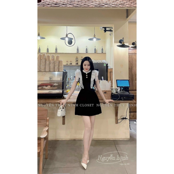 Đầm Váy Nữ Midi Phối Béo Vai Dáng Tiểu Thư Cổ Tròn