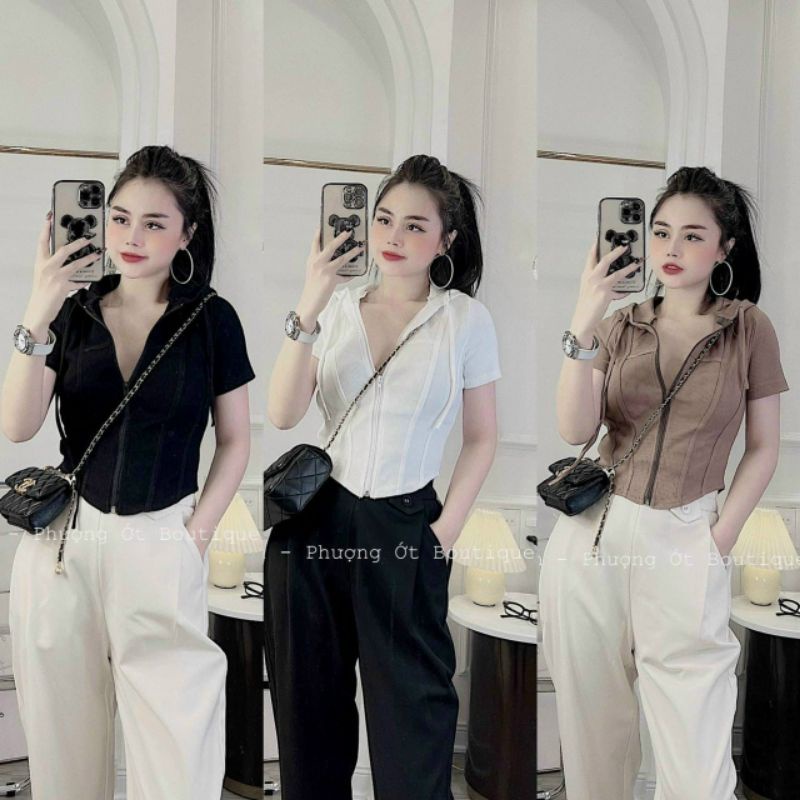 Áo thun nữ tay ngắn croptop zip kéo mũ chùm viền nổi(A15