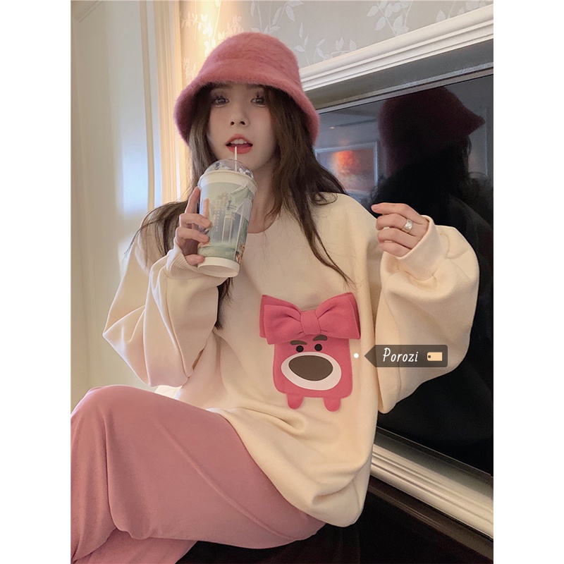 Porozi Áo sweater  tay dài cổ tròn đính nơ phong cách Hàn Quốc xinh xắn cho nữ