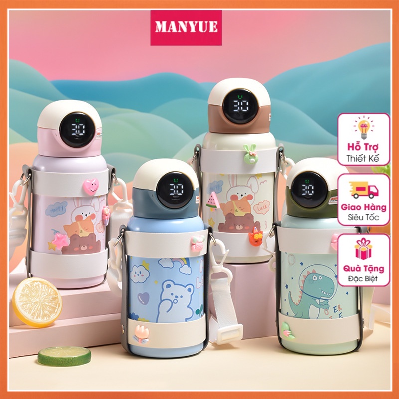 MANYUE Bình Giữ Nhiệt Inox 400ml, Hiển Thị Nhiệt độ, Có ống Hút Cho Bé, Có Quai Xách Kèm Xinh Xắn Dễ Dàng Mang đi Học