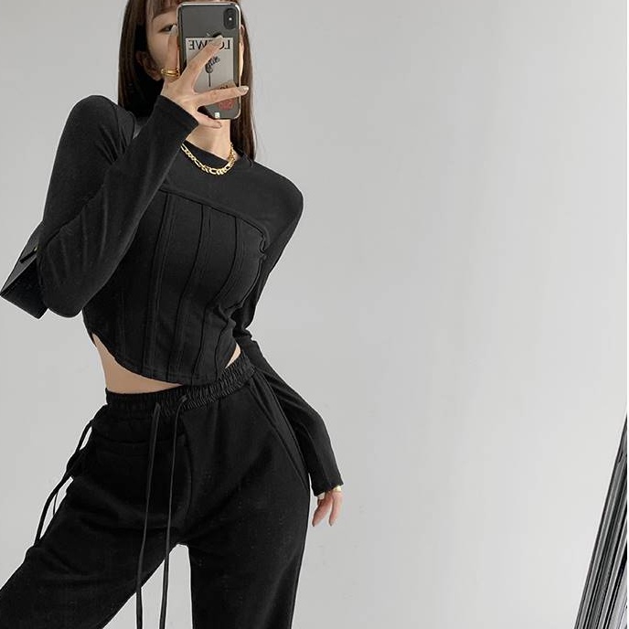 Áo kiểu SUXI tay dài cổ tròn màu trơn dáng ôm thời trang mùa thu dành cho nữ