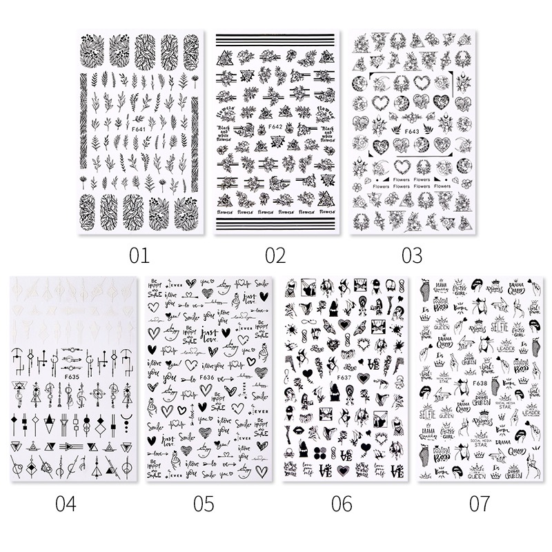 Sticker Dán Móng Họa Tiết Hình Học Trắng Đen 3D