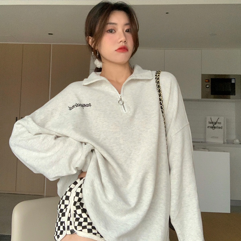 SUXI Áo Khoác Hoodie Cổ Đứng Dáng Rộng Có Khóa Kéo Phong Cách Vintage Hàn Quốc