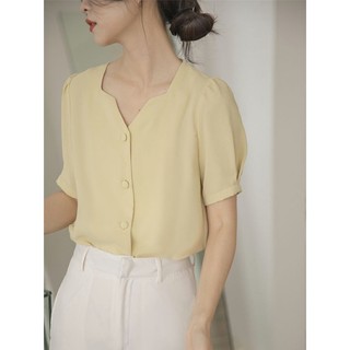 Sơ mi cộc tay cổ V tay bồng công sở lụa hàn