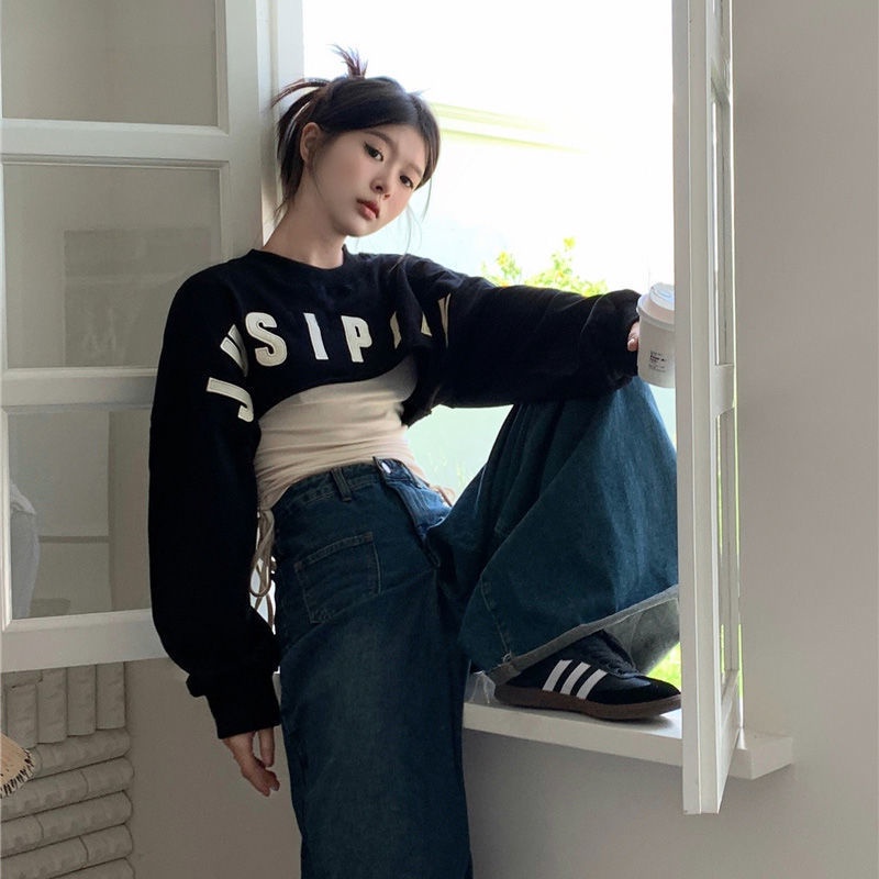 Áo Thun Tay Dài Giả Hai Mảnh + Quần Ngắn Lưng Cao Phong Cách Retro Mỹ Thời Trang Mùa Thu Dành Cho Nữ