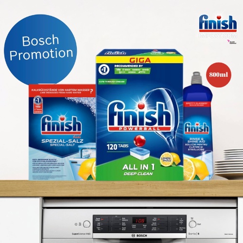 Combo 3 món Hộp 120 viên Finish GIGA All in 1 + Muối Finish 1,2kg + Nước làm bóng Finish 800ml dành cho máy rửa chén EU