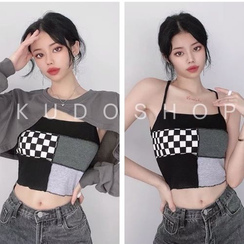 Set 2 món áo hai dây phối caro kiểu crt KUDOSHOP Bộ thu đông nữ áo dài tay dáng ôm body trẻ trung, cá tính