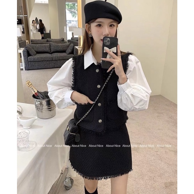 Set Dạ Tweed 3 Món Áo Sơ Mi Trắng Kèm Áo Gile Chân Váy Tweed Tua Rua  Áo Gile Dạ Tua Rua