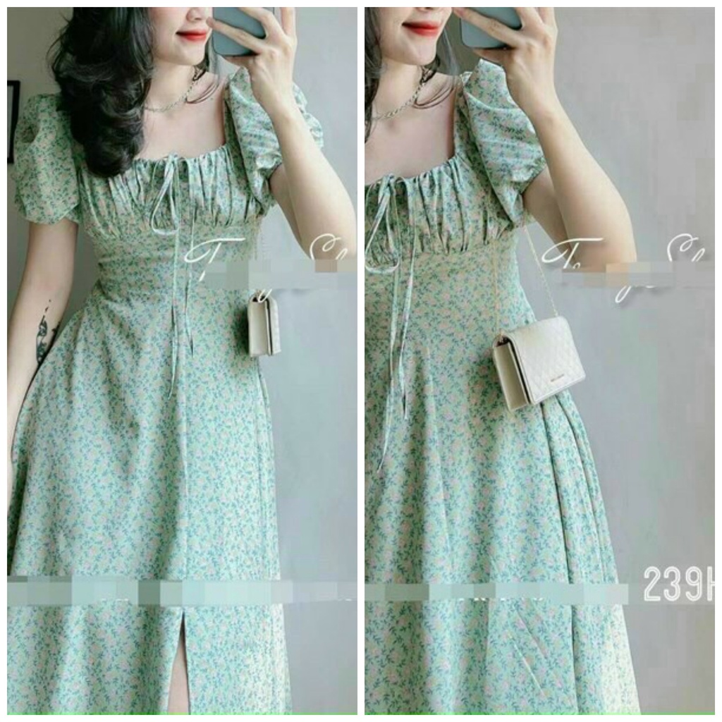 Đầm nữ body cổ vuông tay bèo tiểu thư đầm dự tiệc chất lụa chân váy dài xòe qua gối