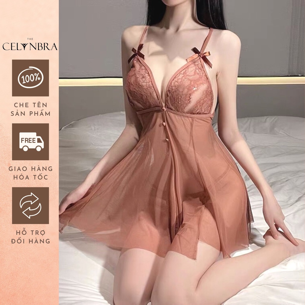 Váy ngủ voan mỏng phối ren ngực xuyên thấu sexy có hàng cúc giữa gợi cảm THE CELYNBRA - V34