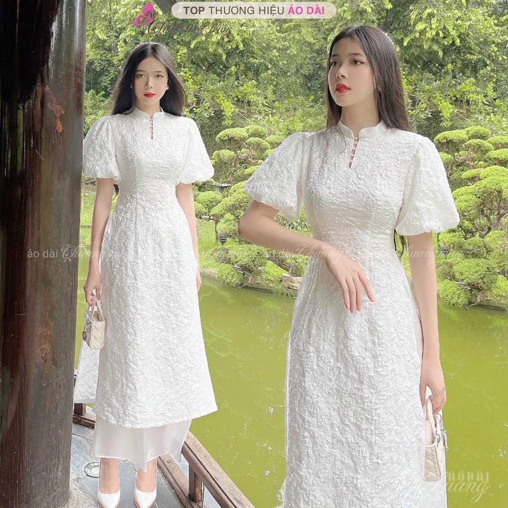 Áo dài cách tân nữ Lê Vi tay vai thun bồng CHAANG may sẵn lụa gấm xốp hoa dự tiệc lễ tết đẹp ADC510