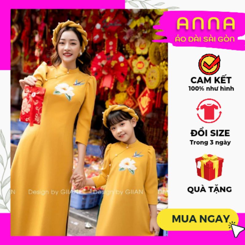 Áo dài cách tân mẹ bé chất lụa chéo thêu hoa hồng