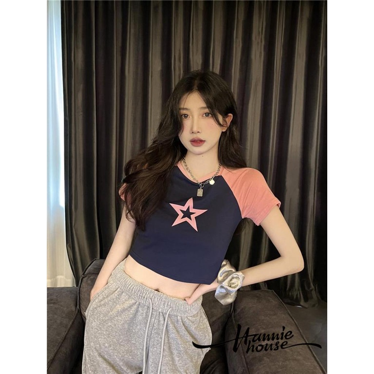 Áo Thun Nữ Ngắn Tay Cổ Tròn In Hình Ngôi Sao Đính Đá Thời Trang