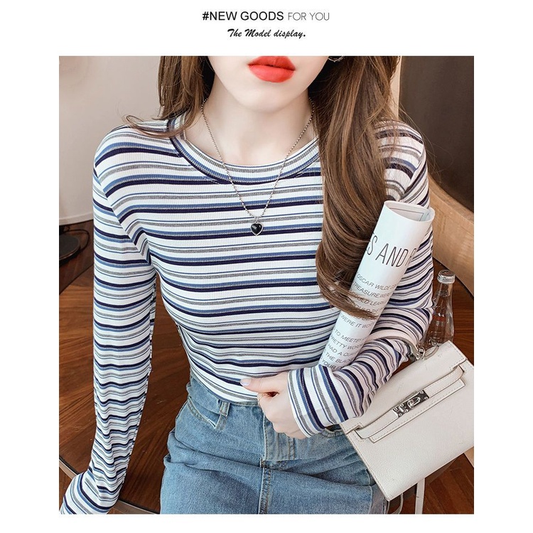 Áo Thun Tay Dài Dáng Ôm Họa Tiết Kẻ Sọc Màu Sắc Tương Phản Thời Trang Xuân Thu  Có Size Lớn Cho Nữ