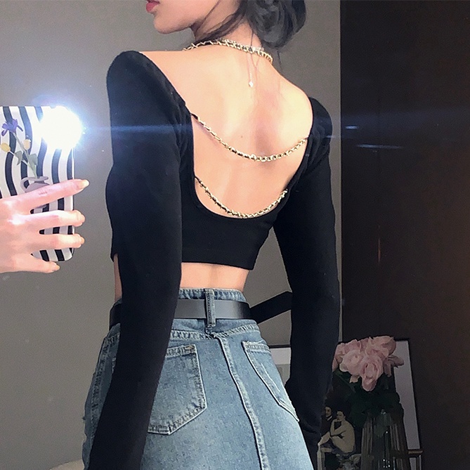 Áo Croptop Dài Tay Hở Lưng Phối Dây Xích Thời Trang Dành Cho Nữ