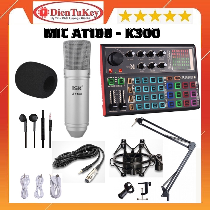 Bộ Sound Card  K300 2022 Và Micro ISK AT100 kèm tai nghe chuyên Hỗ Trợ Hát Autotune , Livestream , Thu Âm Cực Hay