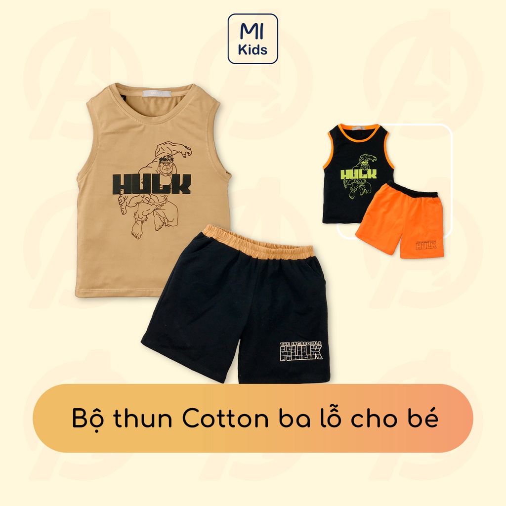 Bộ ba lỗ cho bé trai In Hình Siêu Nhân HULK cực ngầu, Thun Cotton Co giãn Thoáng Mát full size cho bé đến 55Kg