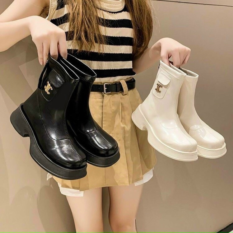 Bốt đùi đế răng cưa nữ giày Boots da mềm khóa sau cao cấp boot mũi tròn boost  thời trang đế độn 2022