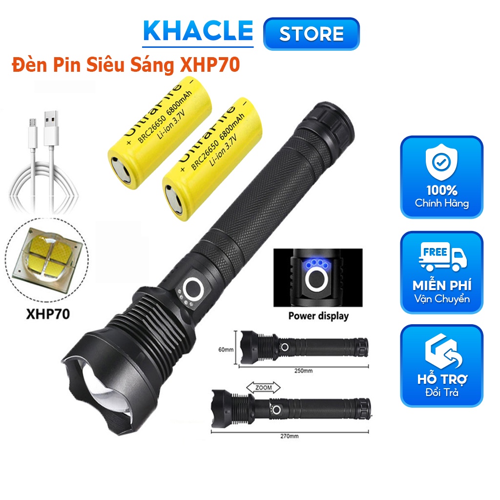 Đèn bin siêu sáng pin trâu XHP70 KHACLE STORE,đèn pin chống nước