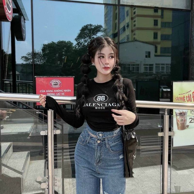 Áo cổ tròn tay dài croptop chất thun gân freesize màu đen/trắng/nude/vàng bò