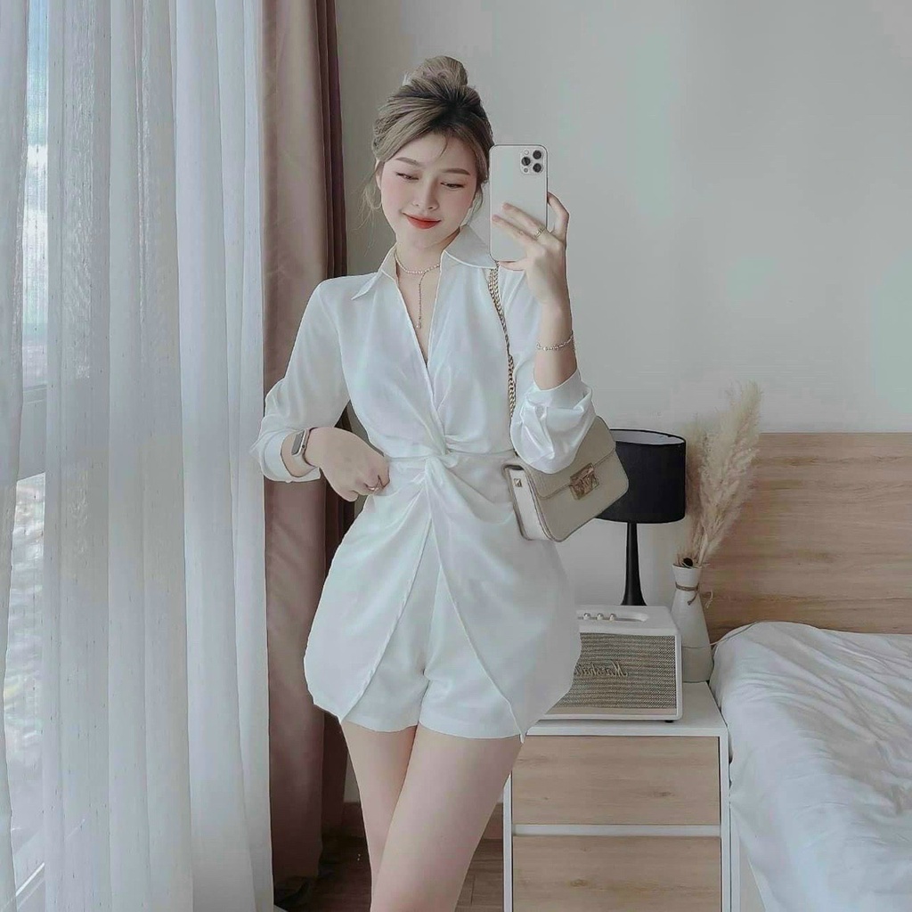 (Sale FreeShip) Sét bộ sơ mi from dài xoắn eo chéo tà cực sang mix quần có túi,chất tuyết mưa cao cấp