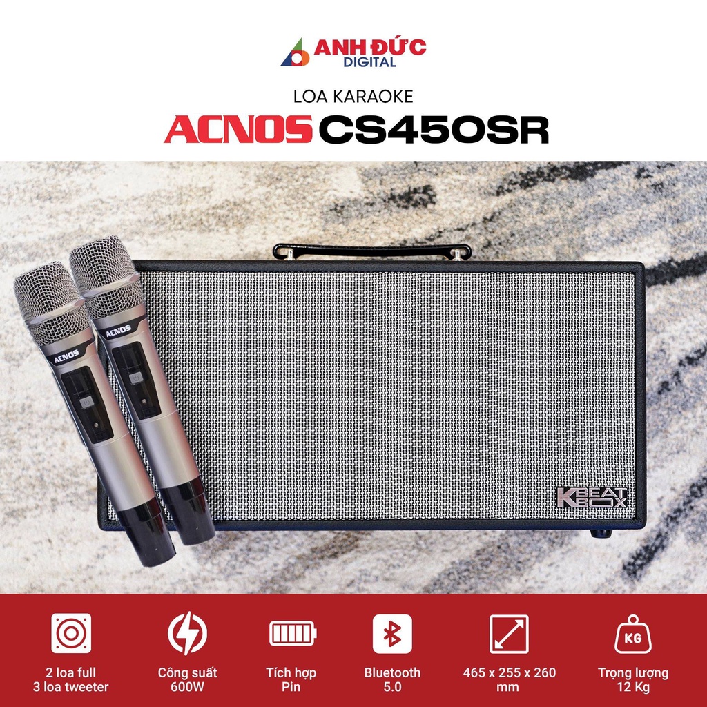 Loa Karaoke Acnos CS450SR, Dàn loa di động tặng kèm 2 micro UHF, Bảo hành 12 tháng