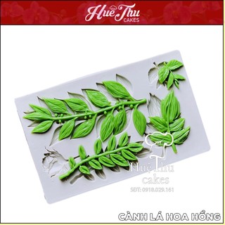 Khuôn silicon cành lá hoa Hồng (lá dài, lá nhọn kèm hoa) 16x11cm làm bánh rau câu 3D, 4D