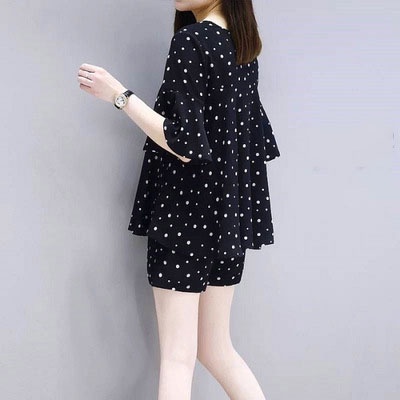 Aphrod Set Áo Thun Ngắn Tay Cổ Tròn + Quần short Lưng Cao Họa Tiết Chấm Bi Thời Trang Nữ