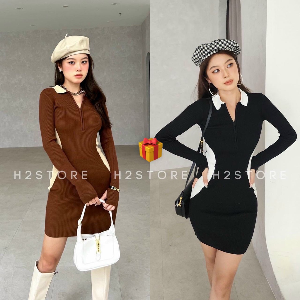 Đầm cổ bẻ tay dài ôm body kiểu dây kéo trước cổ eo màu trắng cực hot , chất thun gân mềm mịn