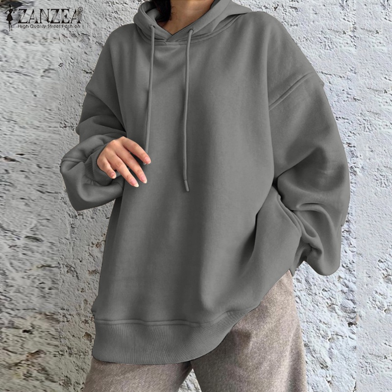 Áo hoodie ZANZEA dài tay màu trơn phong cách Hàn Quốc trẻ trung cho nữ