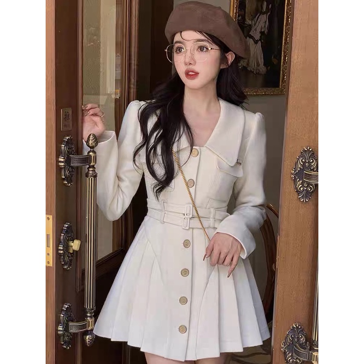 Đầm Váy Bố Dạ Xếp Li Tay Dài 2 Lớp Cao Cấp Kèm Đai Nịt F4HT