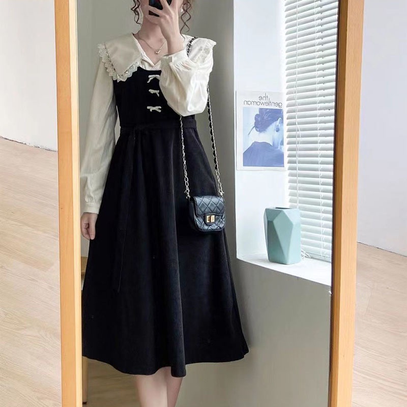 IELGY IELGY Đầm Tay Dài Cổ Chữ v plus size Phong Cách retro Dành Cho Nữ