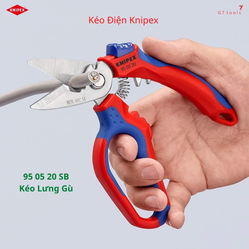 Kéo Thợ Điện Knipex 95 05 20 SB Lưng Gù 45 Độ Lưỡi Cắt Bằng Inox 56 HRC, Cắt Ngọt Dây Điện &amp; Bấm Cos Pin Rỗng Đến 25 mm²