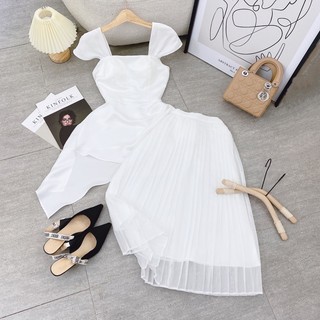 SET ÁO TRẮNG CỔ PETER  + CHÂN VÁY MIDI DẬP LY