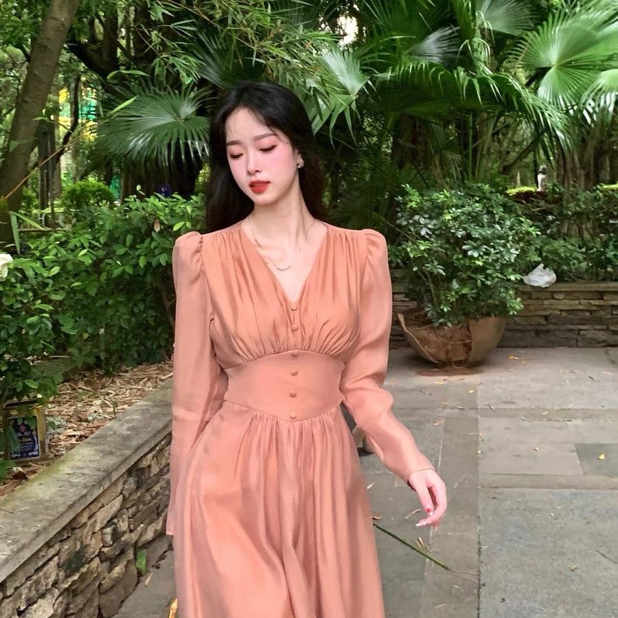 Đầm Tay Phồng Cổ Chữ v Chiết Eo Phong Cách Pháp Thanh Lịch Cao Cấp204259