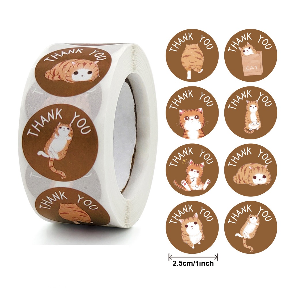 Cuộn 500 nhãn dãn cảm ơn, sticker thank you, tem tròn thank you, tem cảm ơn họa tiết mèo con