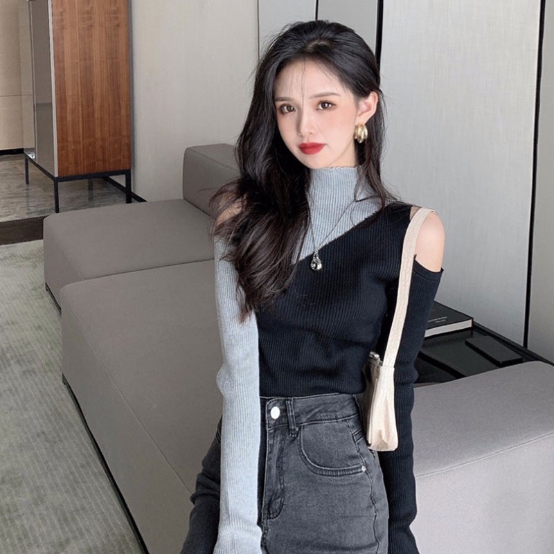 Áo Dệt Kim Tay Dài Hở Vai Dáng Ôm Gợi Cảm Thời Trang Hàn Quốc Dành Cho Bạn Nữ