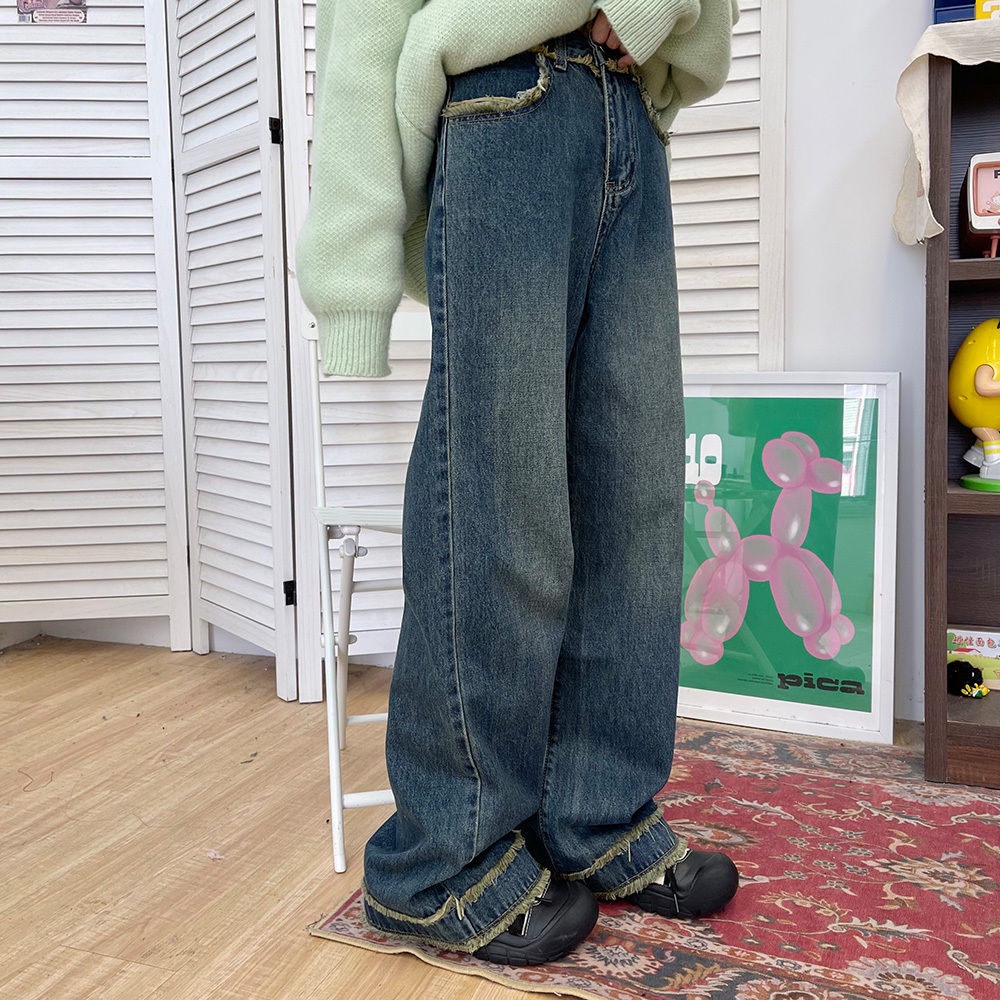Quần Jean Ống Rộng Sờn Phong Cách Hong Kong Thời Trang Thu Đông Kiểu Mới 2022