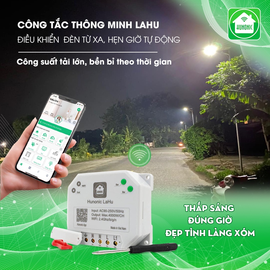 Công tắc thông minh kết nối Wifi Hunonic Lahu 4 kênh - 500W/kênh điều khiển mọi thiết bị từ xa qua điện thoại