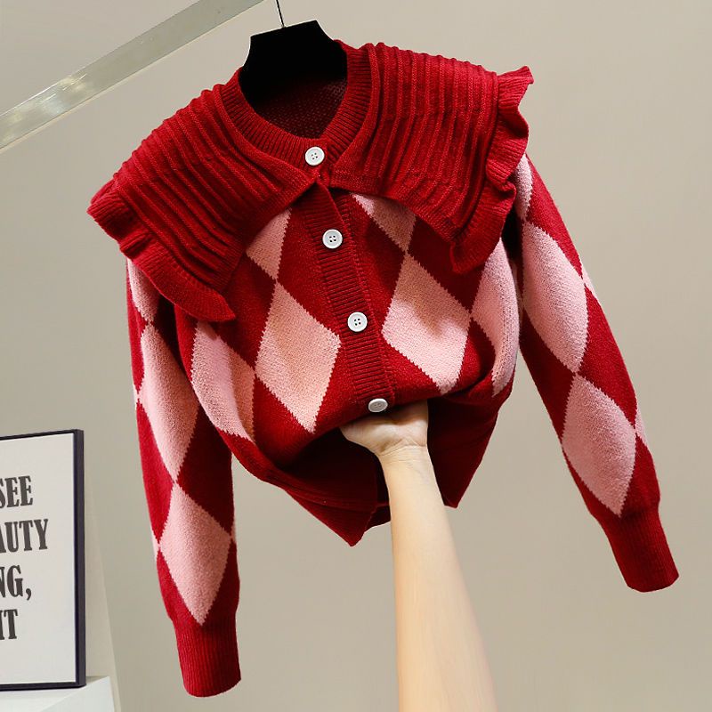 Áo Khoác Cardigan Đính Búp Bê Màu Đỏ Tương Phản Ngọt Ngào Dễ Phối Đồ Thời Trang Giáng Sinh Cho Nữ