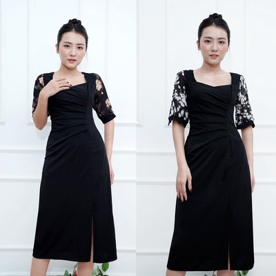 GOTI - Đầm Ôm Dự Tiệc Trung Niên Nữ Cao Cấp Màu Đen Vải Thun Co Giãn BigSize Cho Mẹ U40 U50 3355