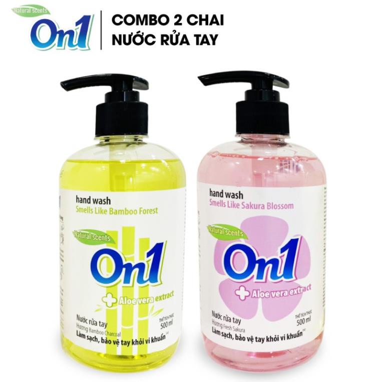 COMBO 2 chai nước rửa tay sạch khuẩn ON1 hương BamBoo Charcoal và Fresh Sakura (2 chai x 500ml) RT501 + RT504