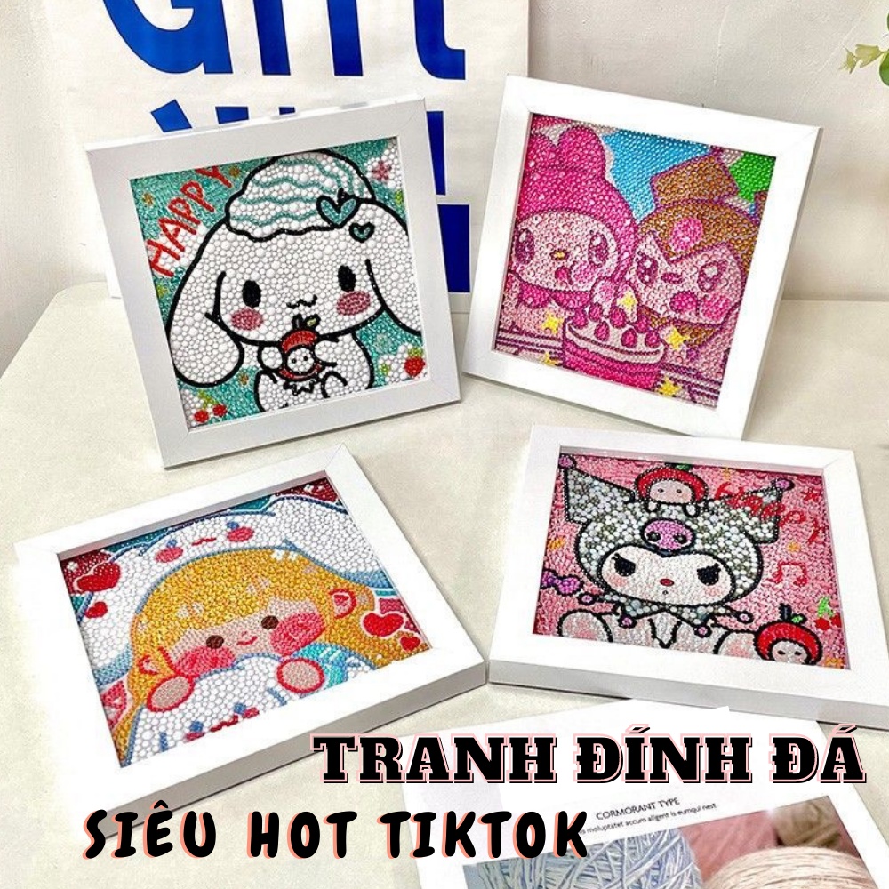 Tranh Đính Đá Kèm Khung 20x20 Hình Sanrio Dễ Thương bao gồm bộ dụng cụ sticker đồ thủ công cho đính đá hot tiktok