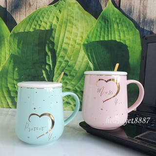Ly cốc sứ đôi hình trái tim có nắp và thìa dung tích 420ml