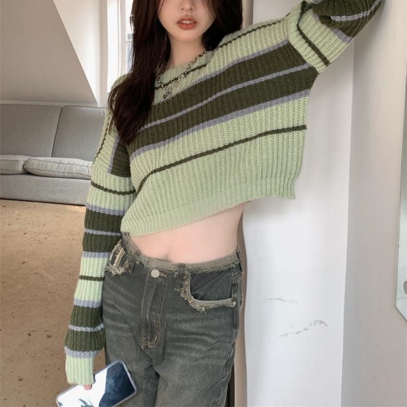 Áo sweater Cổ Tròn Họa Tiết Kẻ Sọc Thời Trang Hàn Quốc Dễ Thương Cho Nữ