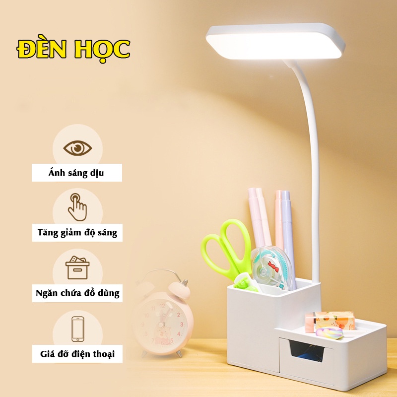 Đèn bàn học, bàn làm việc có ngăn chứa đồ, điều chỉnh độ sáng, đa năng tiện ích