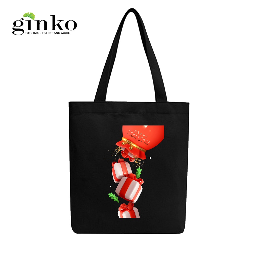 Túi Tote Vải Canvas GINKO Kiểu Basic có dây kéo khóa (có túi con) In Hình Merry Christmas Happy New Year Festive GK13