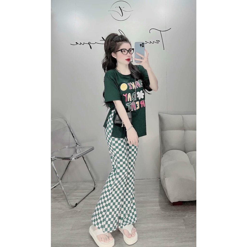 ❤️CÓ BIGSIZE TỚI 85KG❤️ Đồ bộ thun nữ quần dài ống loe, áo xẻ hông .Set bộ đi chơi mặc nhà dễ thương (45-85kg)D07
