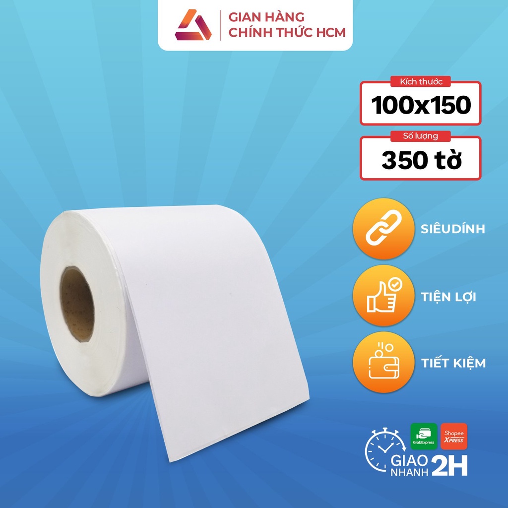 Cuộn giấy in nhiệt Nhựa HVT tự dính 350 tờ size 100x150 chuyên dùng in bill, in đơn hàng